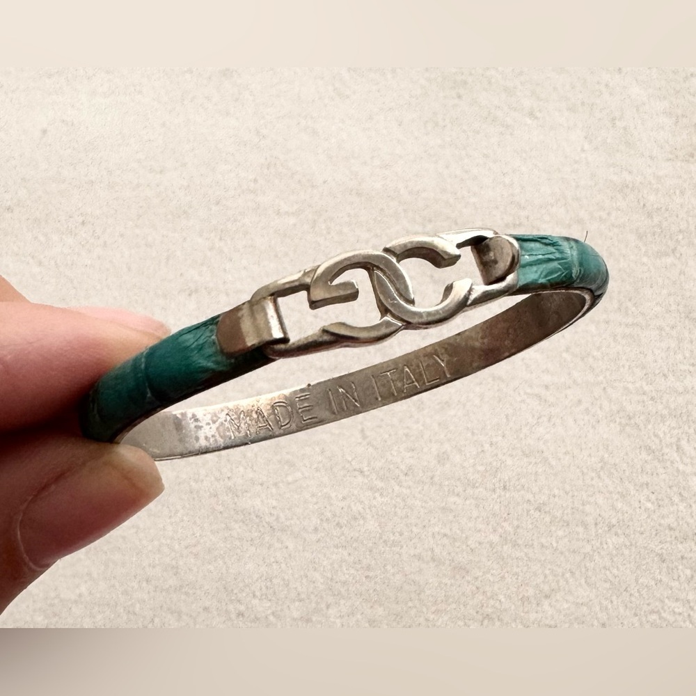 Vintage Italian Teal Green Leather Bangle Bracelet